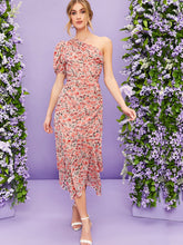 Belle One Shoulder Ruched Ruffle Hem Floral Dress